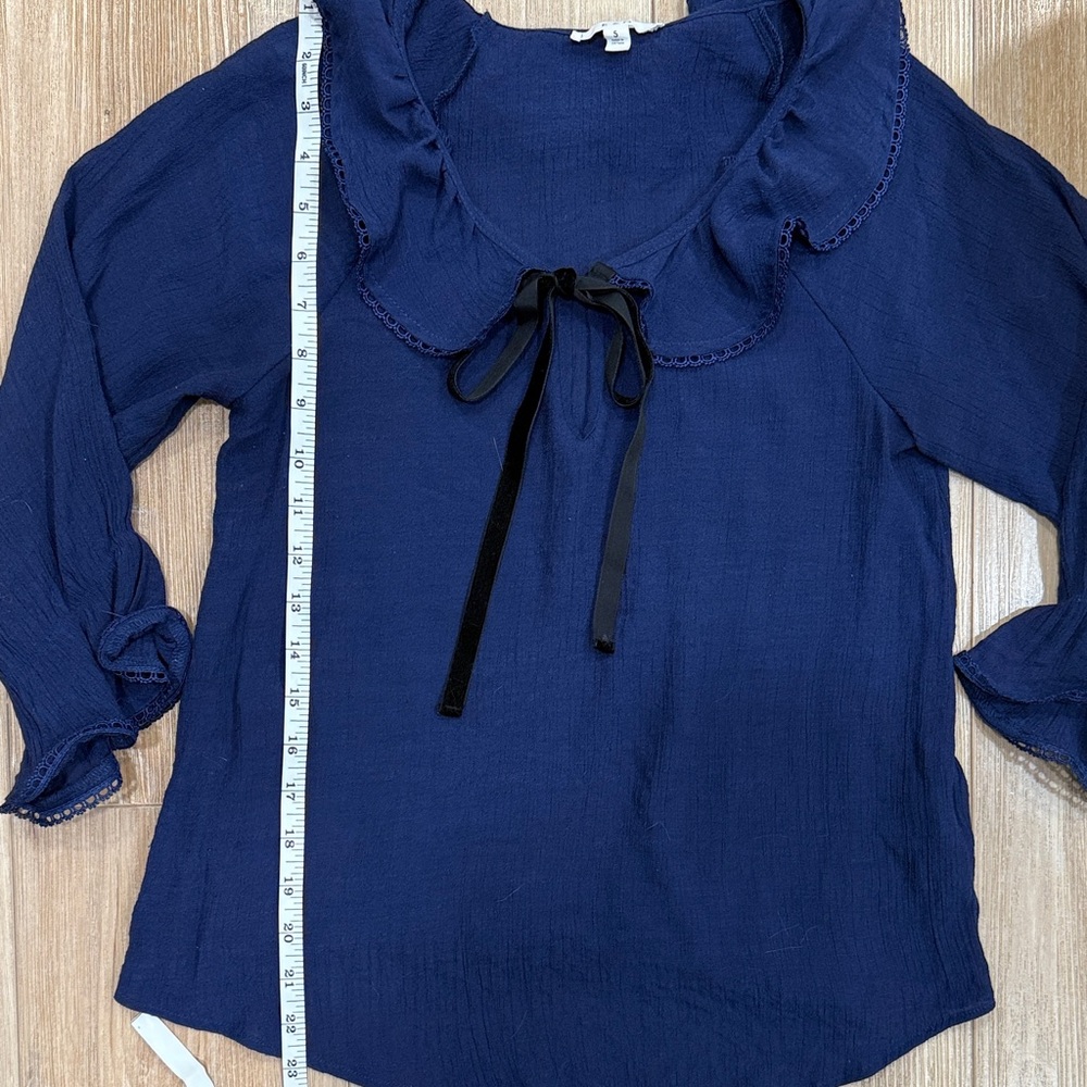 E&M Ruffle Collared Navy Blouse - Picture 5 of 7